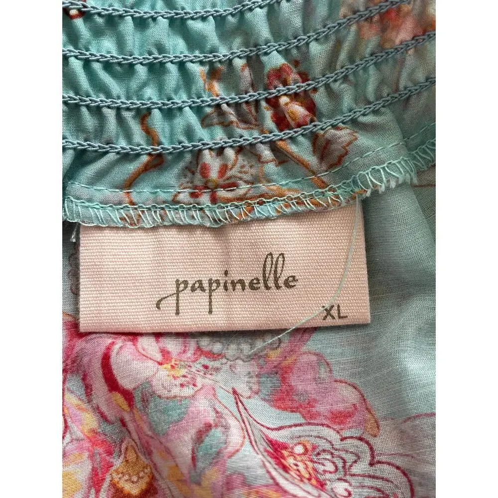 Papinelle Blue Paisely Lace Trim Cotton Silk Blend Night Gown Size XL